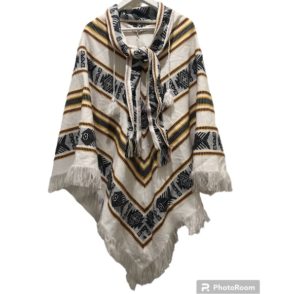 Vintage Western Artisan Aztec Cowichan Pom Pom Wool Fringe Poncho Cape - Picture 8 of 10